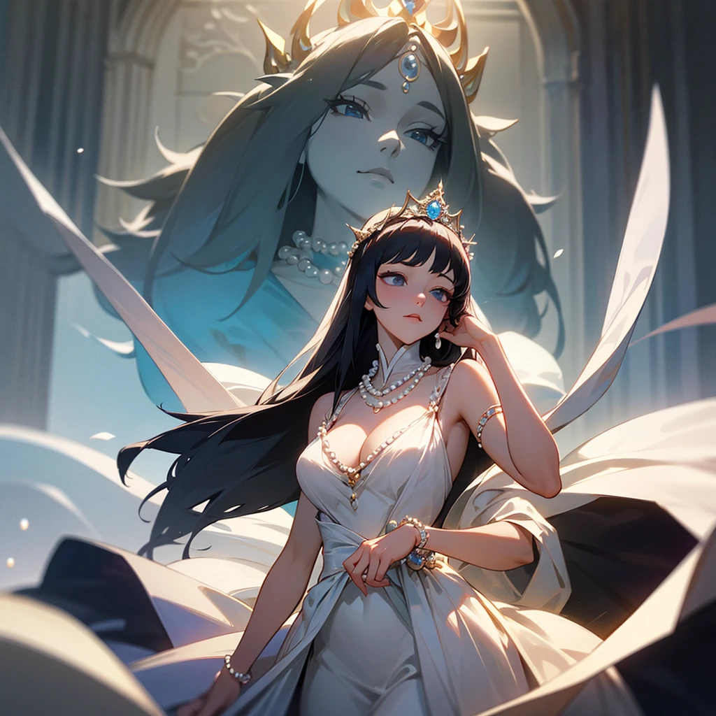 high resolution、A mature and elegant princess。The princess is the princess of the pearl kingdom.、tiara with pearls、Luxurious pearl necklace、Wearing a richly decorated white dress。like medieval europe、Fantasy。An entirely white image。