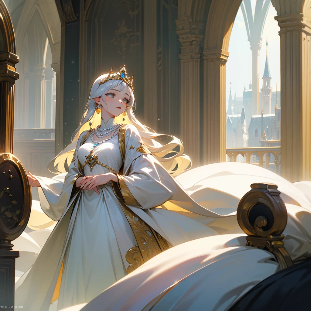 high resolution、A mature and elegant princess。The princess is the princess of the pearl kingdom.、tiara with pearls、Luxurious pearl necklace、Wearing a richly decorated white dress。like medieval europe、Fantasy。An entirely white image。