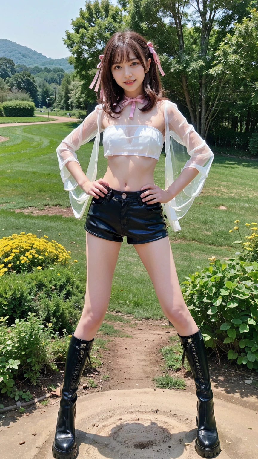 (8K、RAW Photos、Highest quality、masterpiece:1.2)、(Highest quality、Realistic)、1 Girl、((Tube top、Idol Costume、ribbon、Shorts、Medium Hair、See-through、smile、Pink and black、Thin legs、whole body、boots、garden、View from the front、Looking into the camera、Stand with hands on hips))、cute