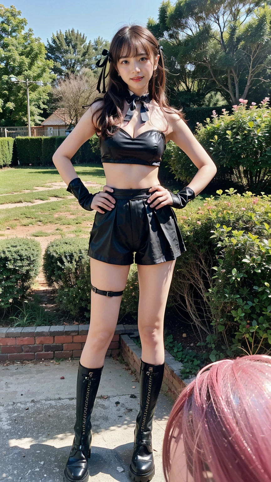 (8K、RAW Photos、Highest quality、masterpiece:1.2)、(Highest quality、Realistic)、1 Girl、((Tube top、Idol Costume、ribbon、Shorts、Medium Hair、See-through、smile、Pink and black、Thin legs、whole body、boots、garden、View from the front、Looking into the camera、Stand with hands on hips))、cute