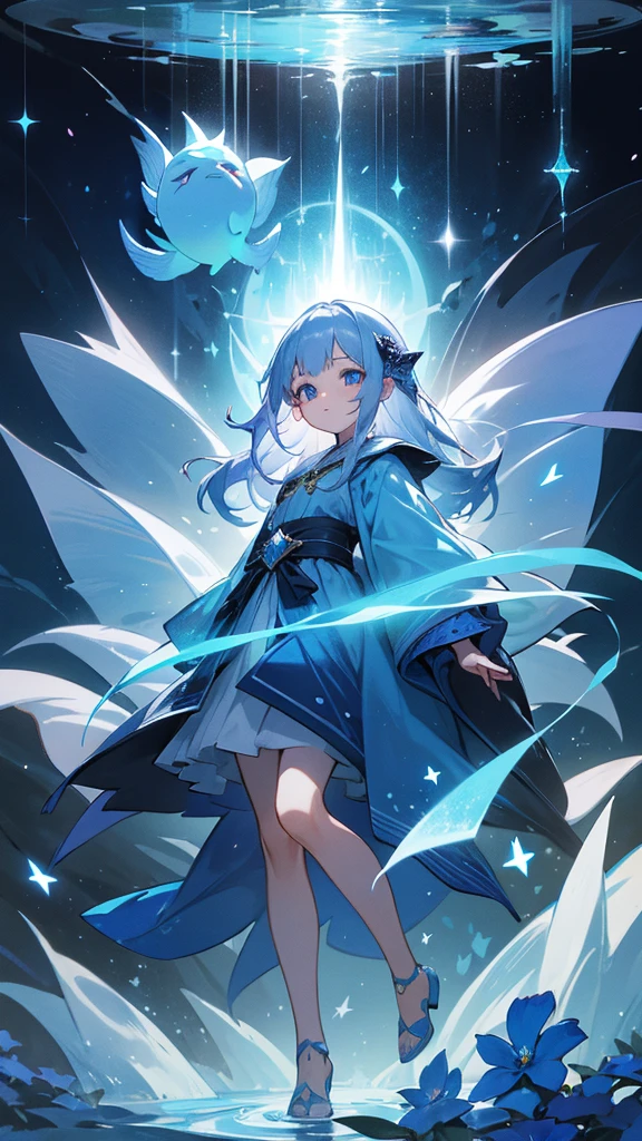 Highest quality,masterpiece,Detailed Details,Super detailed,colorful,The background is the deep blue sea,Transparency,Use HDR technology to create a sense of depth,beautiful,beautiful自然,5 year old girl,Alone,Wearing a wizard's robe,Stand in the center of the screen,The whole body faces this way,Look diagonally forward to the left,Put your right hand forward in a three-dimensional way,A star-like light from the right,Light magic from the right hand,Narrow and gentle eyes,mysterious,Silver hair decorated with blue flowers,Fantasy atmosphere,beautiful虹色の蝶々is flying in the air