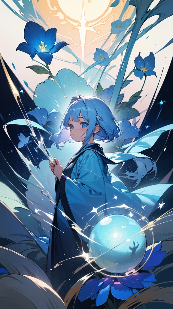 Highest quality,masterpiece,Detailed Details,Super detailed,colorful,The background is the deep blue sea,Transparency,Use HDR technology to create a sense of depth,beautiful,beautiful自然,5 year old girl,Alone,Wearing a wizard's robe,Stand in the center of the screen,The whole body faces this way,Look diagonally forward to the left,Put your right hand forward in a three-dimensional way,A star-like light from the right,Light magic from the right hand,Narrow and gentle eyes,mysterious,Silver hair decorated with blue flowers,Fantasy atmosphere,beautiful虹色の蝶々is flying in the air