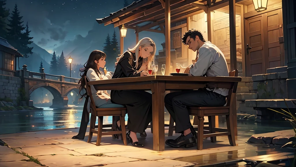 ((best quality)), ((work of art)), ((detailed)), 3 friends, one man and two women, sitting at a large table, facing the river, at night
