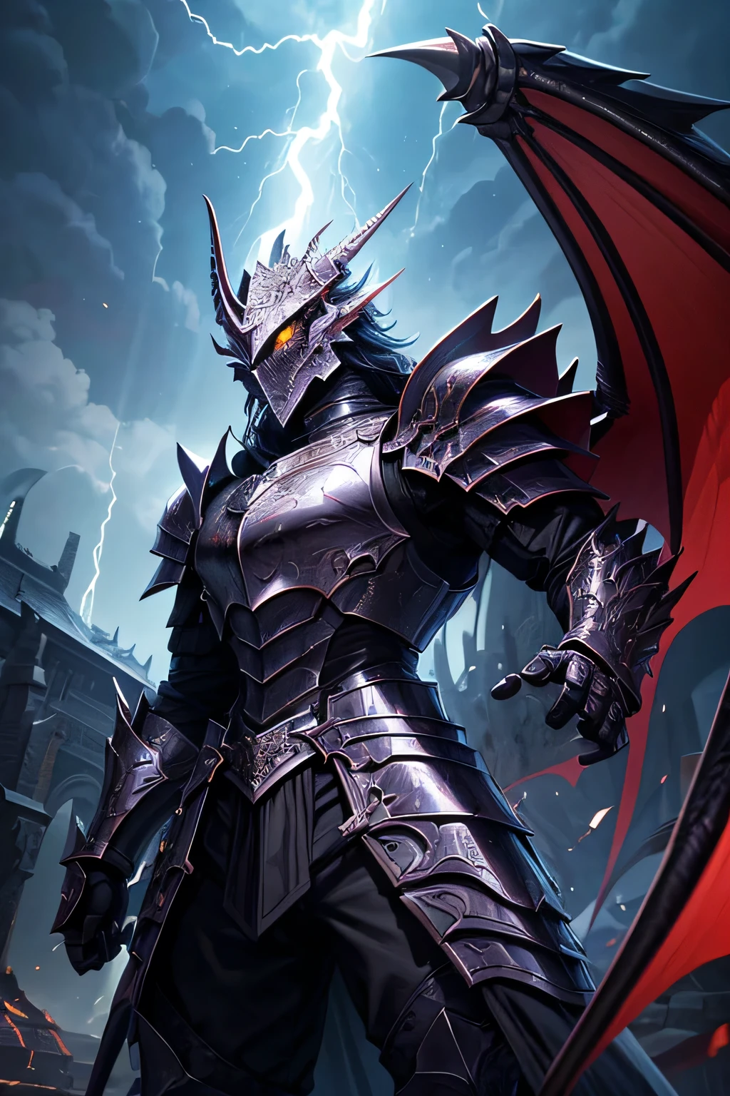 A fierce and loyal Dragon Knight serving under Dragon King Exas in the kingdom of Exabool. The knight is clad in imposing, intricately detailed armor with dragon motifs and a mix of black and dark purple hues. He rides a majestic dragon with shimmering scales and powerful wings, matching the knight's armor. The knight wields a large, glowing lance or sword, exuding an aura of strength and valor. The background depicts a dramatic sky with storm clouds and lightning, highlighting the intense and formidable presence of the Dragon Knight. The knight’s helmet features a dragon crest, and his eyes gleam with determination and loyalty. This scene captures the essence of a warrior dedicated to serving the mighty Dragon King.