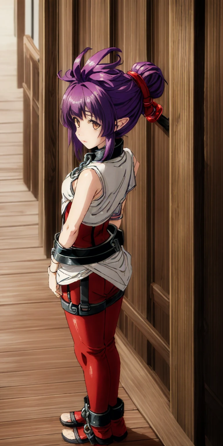 (masterpiece, best quality), intricate details, 1girl, Sherry purple hair, (standing by wooden pole:1.2), iron collar, arms behind back, iron cuffs, shackles, bound