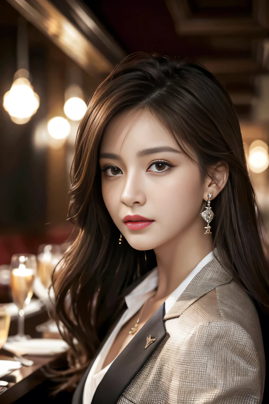 masterpiece, Highest quality, Realistic, Very detailed, Finer details, High resolution, 8k wallpaper, One beautiful woman, Wear a nice suit, In a great restaurant, At night, Light brown messy hair, Perfect dynamic composition, Beautiful and beautiful eyes、Big earrings、