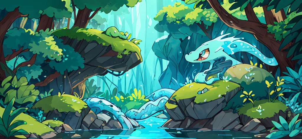 Create the image of a Water Elemental in the form of a serpent. The serpent must be made entirely of water, with the fluidity and transparency of the liquid visible. She must have an undulating and dynamic body, with the appearance of moving water. Details should capture the essence of the water element, including ripples, splashes and reflections of light on its water surface. The snake must have a majestic and imposing appearance, combining the elegance of a snake with the strength and beauty of water. The image must balance both elements: the fluidity and aquatic details and the shape and presence of the serpent. Despite its grandeur, the snake must have a sweet and friendly appearance. Artwork should be in the artistic style of digital art with fantastic illustration features. The predominant colors are shades of blue and cyan, with touches of white that represent the foam of the water. The composition conveys a feeling of energy and fluidity, typical of illustrations that explore elements of nature in a surreal and stylized way. The setting should be a serene landscape of a crystal clear stream surrounded by large boulders and rocks partially covered in moss, with lush green vegetation in the background. The water is clear and reflects sunlight, creating small sparkles on the surface. The scene is illustrated with an anime art style, with soft colors and delicate detailing in the textures of the stones and vegetation.
