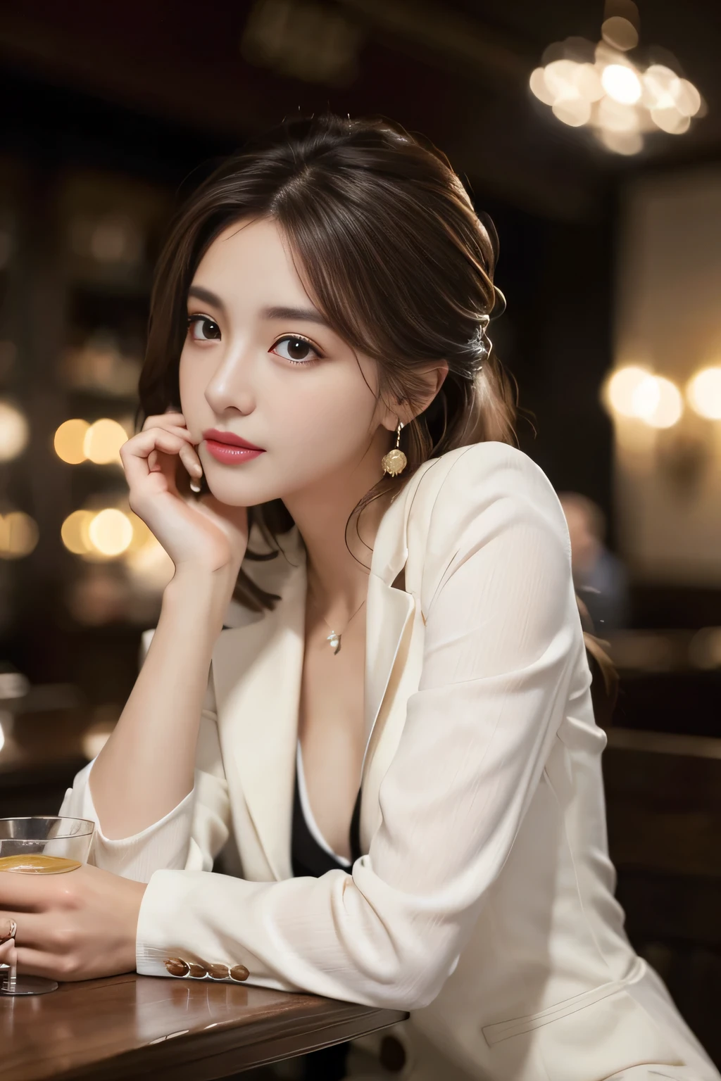 masterpiece, Highest quality, Realistic, Very detailed, Finer details, High resolution, 8k wallpaper, One beautiful woman, Wear a nice suit, In a great restaurant, At night, Light brown messy hair, Perfect dynamic composition, Beautiful and beautiful eyes、Big earrings、Sit down、