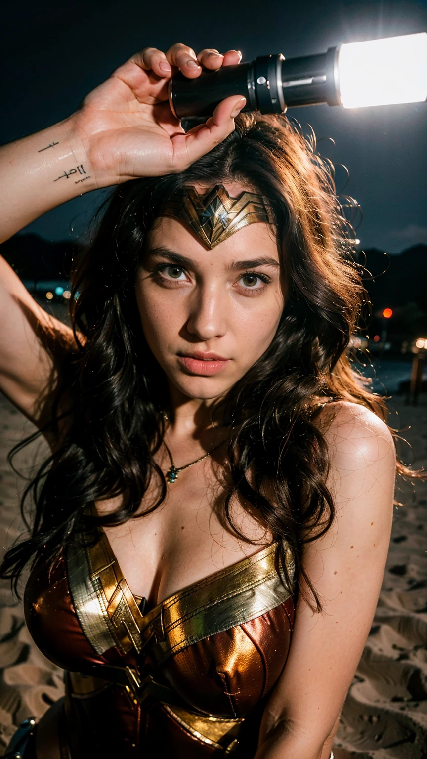((masterpiece), (solo character), (photorealistic:1.4), ),(best quality), (jennlaw), (epiCRealLife), (gldt), (Gal Godot in wonder woman costume), (lora:epiCFlashPhoto),(flashphoto), (flash photography) (look at viewers), (at night), (night time),, (photoshoot), (wonder woman theme), (on the sand), (different close upcamera angle shots) (boots), (light smile), , (close up shots)