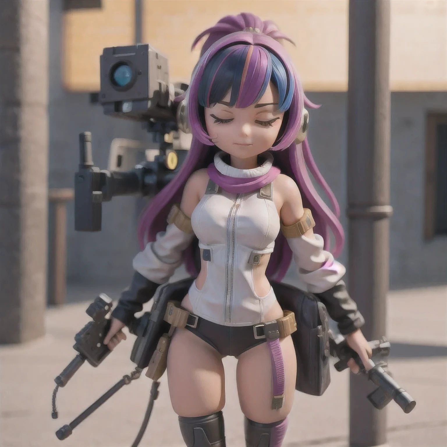 fish
1girl
bangs
blurry
blurry background
blurry foreground
breasts
brown eyes
closed mouth
depth of field
gun
long hair
looking at viewer
mecha
mole
motion blur
multicolored hair
pink hair
smile
solo
thigh strap