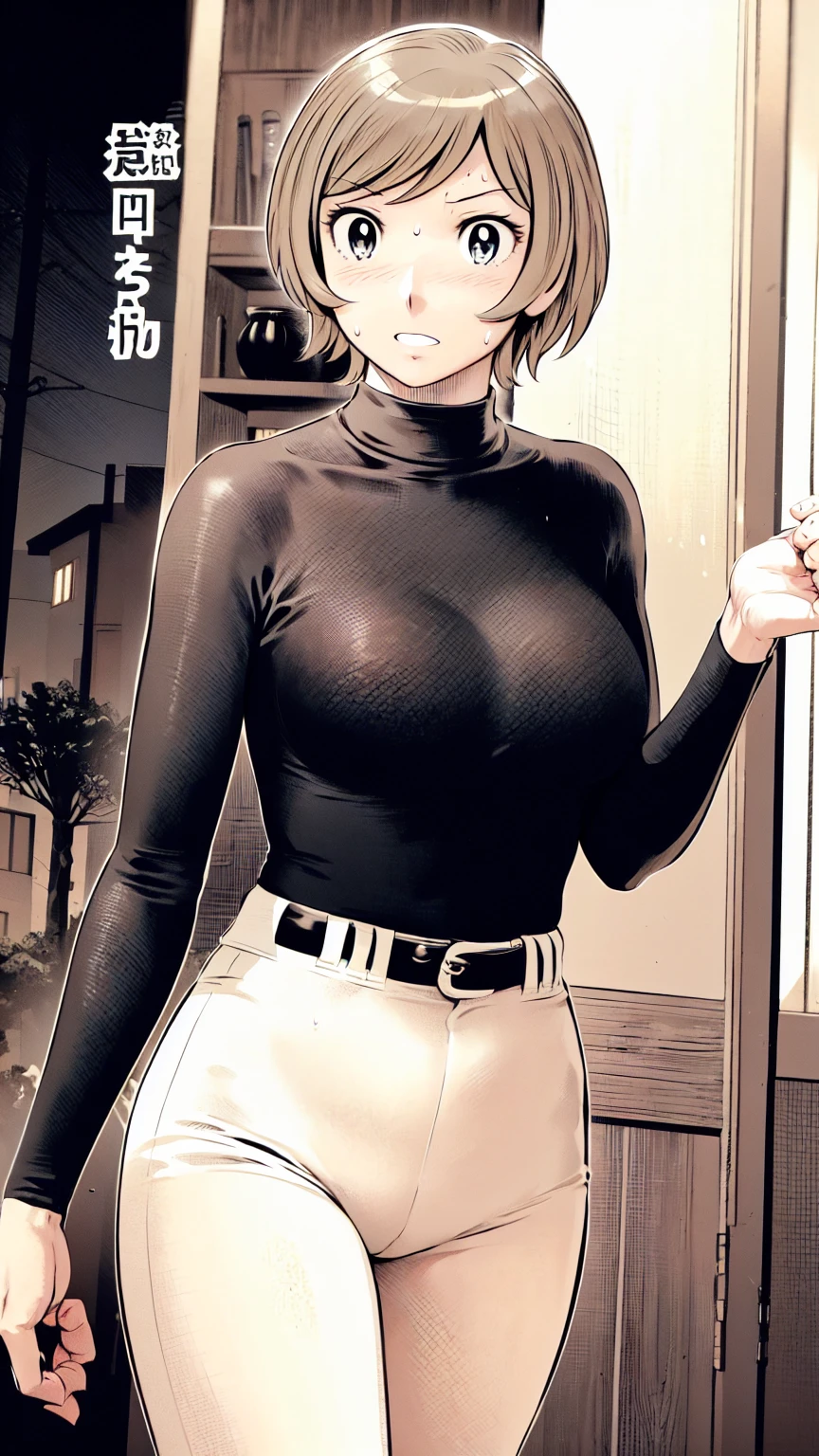 (野球uniform:1.2),
blonde, (short hair:1.2),Long sleeve, Black Shirt, turtleneck,White trousers、uniform、Black belt、((Illustration of a person))、big 、Muddy、Soil stains、ドロドロのuniform、
View your audience,, (Highest quality:1.3),One Girl, White pants、uniform、Outdoor、baseball ground、ground、soil、blue eyes、Tight black shirt、(masterpiece、Highest quality)、Highest quality, Ultra-high resolution, (((masterpiece))), alone, Sweat、big eyes、big Breasts、Torn clothes、 Fully exposed、Nipples、One Girl, Front view、Embarrassed face、Bronze colored hair、((short hair))、Stand up straight、Cowboy Shot