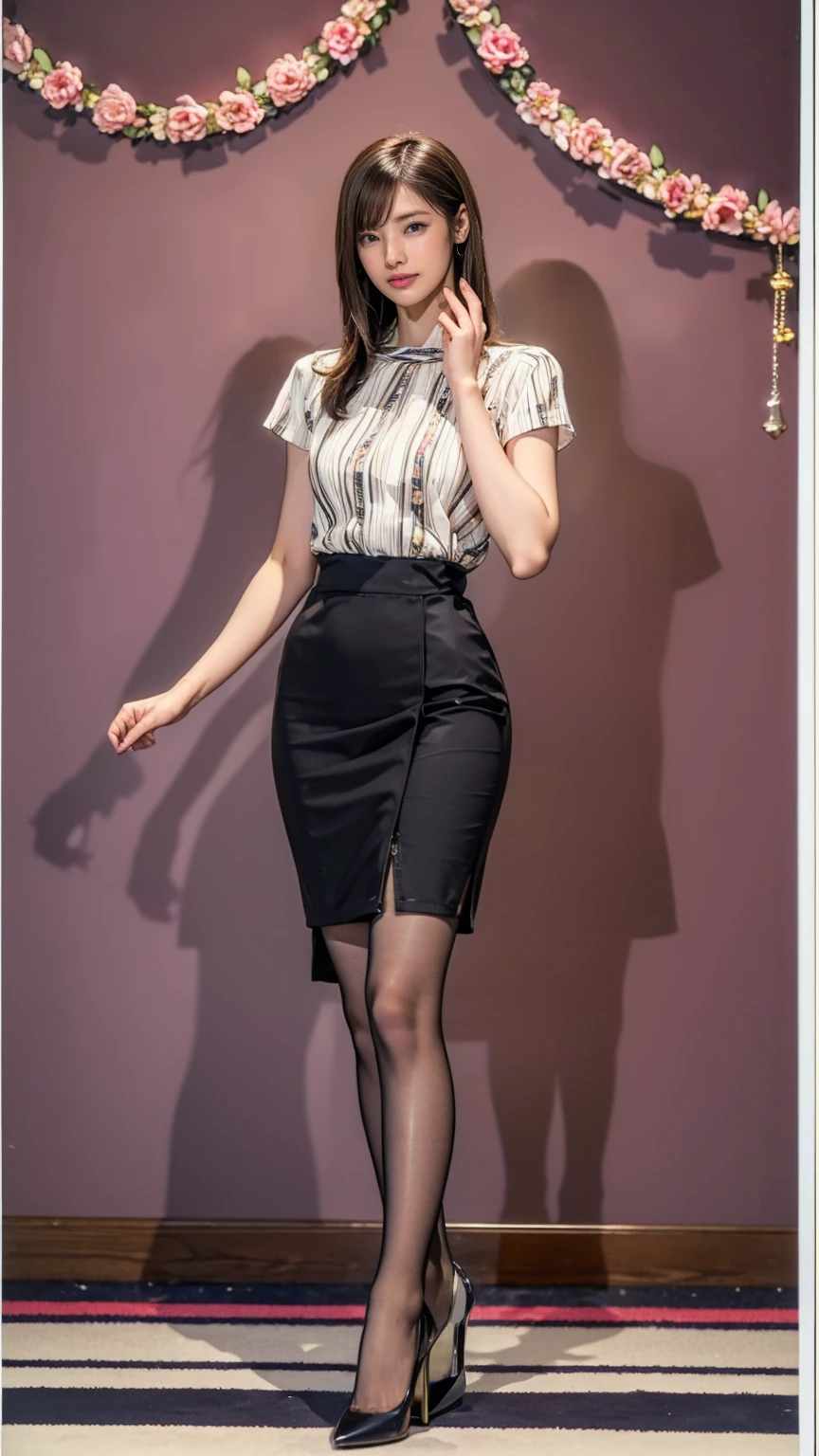 ((masterpiece)),(((Highest quality))),Thin thighs,Long legs,whole body:1.5,(One Girl:1.3),(Black pantyhose and thick pointy heels:1.3),(Wearing a mid-length flared skirt dress with a floral stripe pattern:1.2),Short blonde:1.2、Good pose:1.5