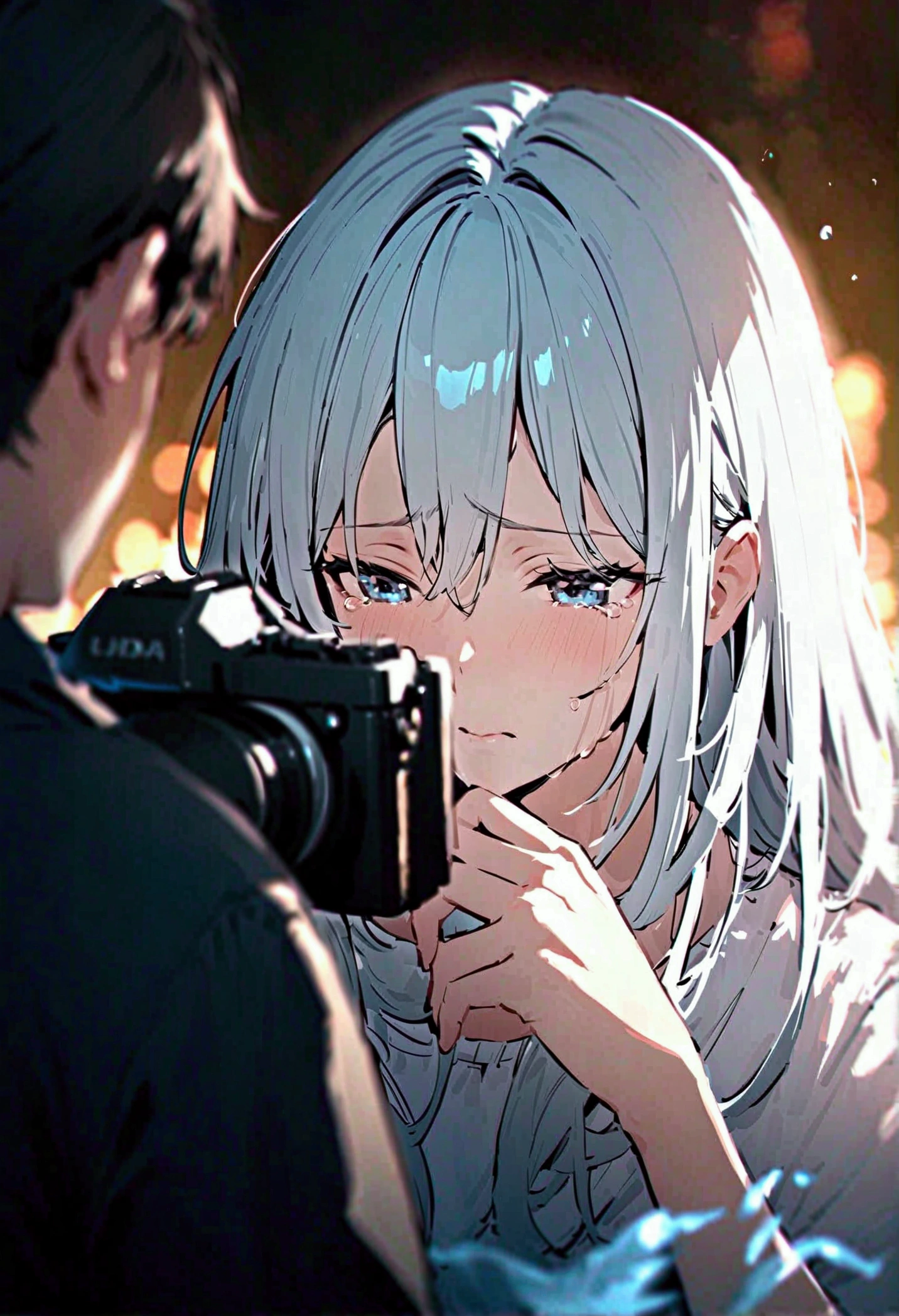 digital drawing,a woman crying, long white hair,just the face,UHD, high resolution, camera focused on his face, Blurred Background,