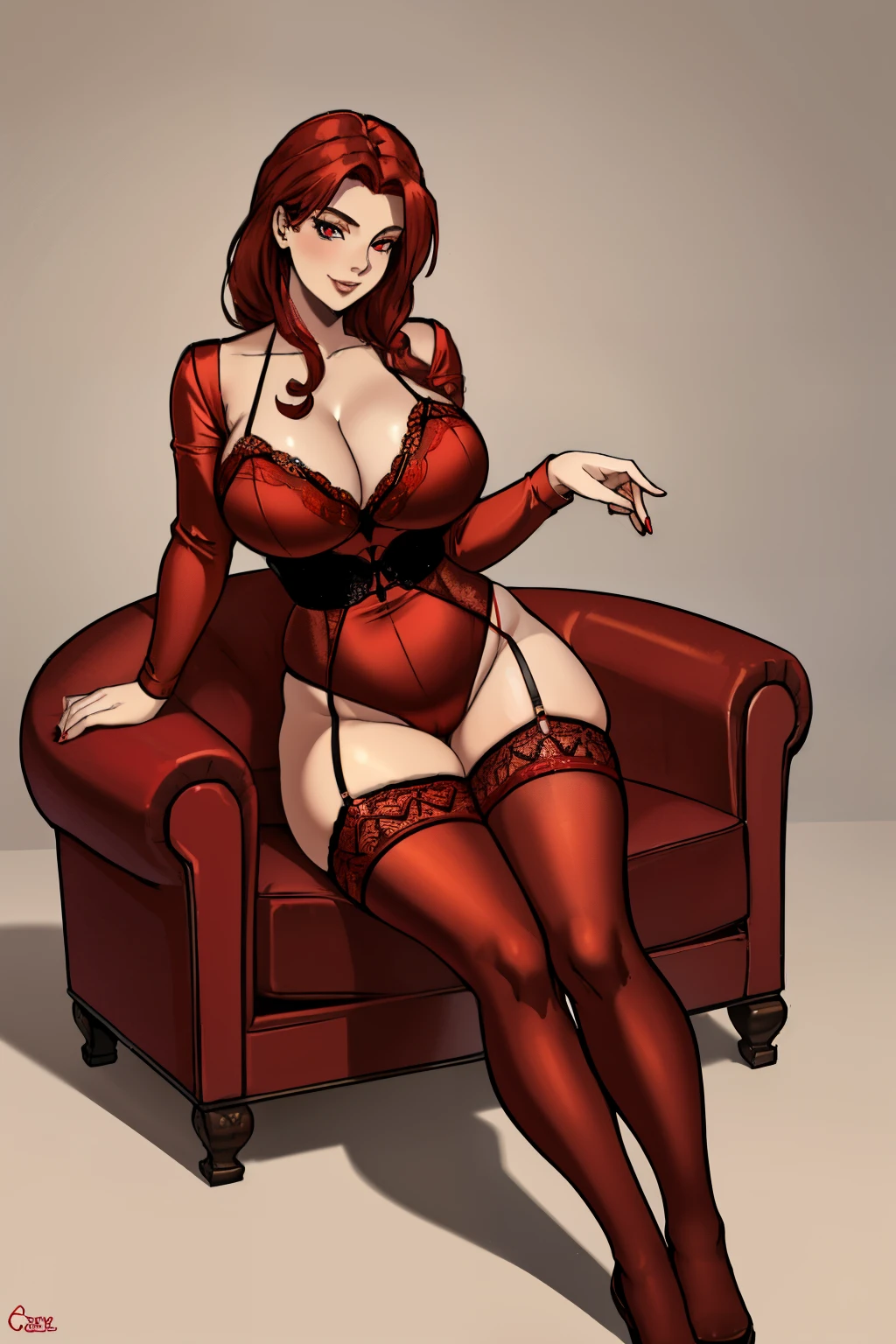 high quality), female ranma, JK, short red bikini, tight stockings, High heels, seductive smile, light blush, looking at the viewer, huge breasts, precise hands, pose sexy, detailed background, Red hair, wavy hair 