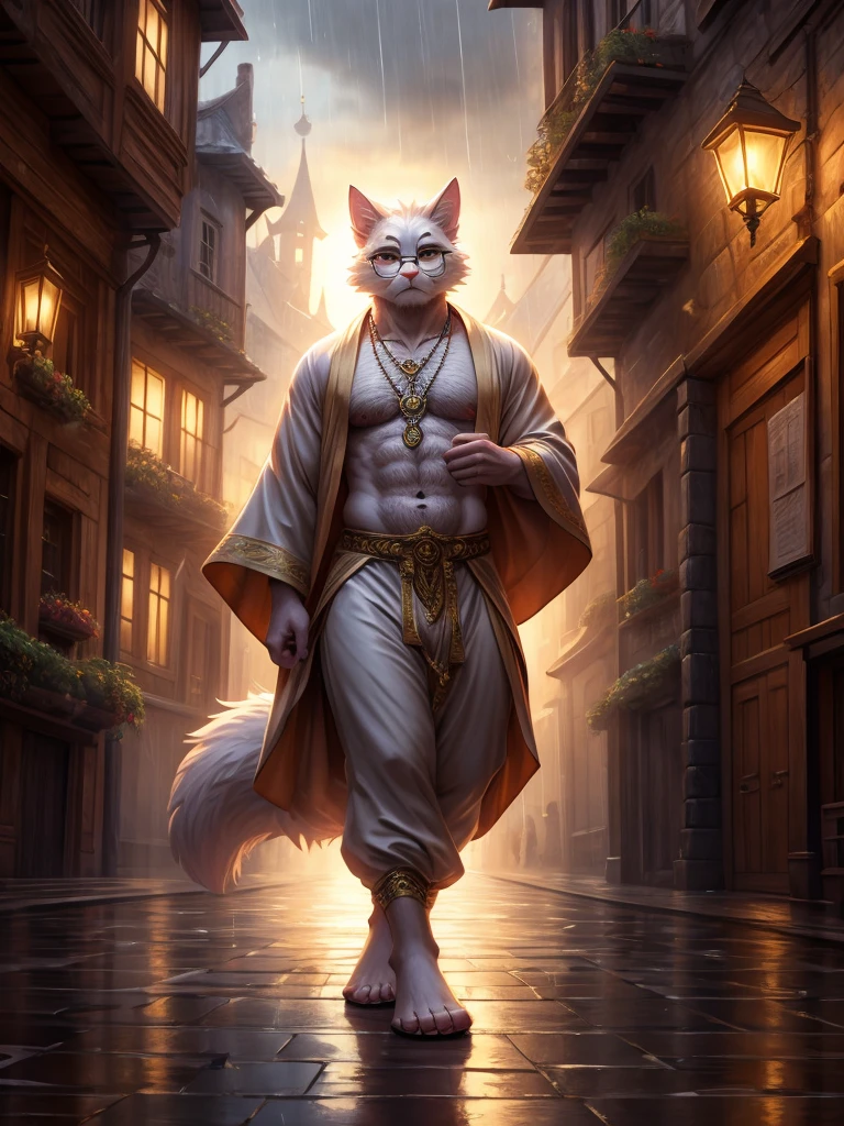 Anthro, white fluffy cat, full body, male, adult, hand paws, long fluffy tail, fluffy chest, strong, light robe, light pants, flip flop, fancy dancer clothing, crop top, ornate clothing, blue circular eyewear, necklace with pendant, abdomen on display, serious look, warm expression, hairy body, 8K, dynamic lighting, ultra detailed, masterpiece, street of a medieval town, raining