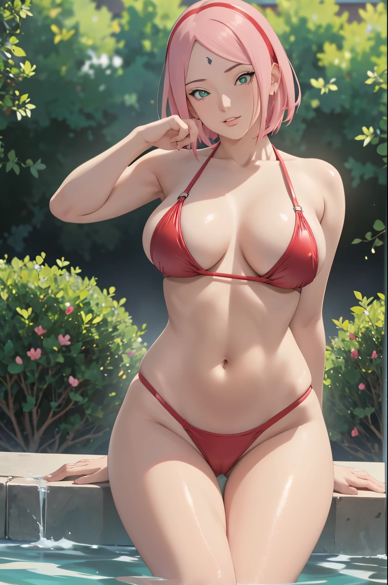 NSFW, (girl),((optimal quality)), ((Masterpiece)), (A detailed: 1.4),face red,perspire,showing niples, fully naked,The ultimate masterpiece,(fidelity:1.2),(sexy),open air bath, (Huge chest), Open crotch, Open legs, (Smooth: 1.1), (Cutes: 0.9), (shiny: 1.1),, red lips, lust face, sakura haruno from naruto anime, cute pose, super small bikini ,g string, very big breast, big ass, detailed lines, 8k image, no blur, barely spread legs, sexy fighting pose, licking her own fingers