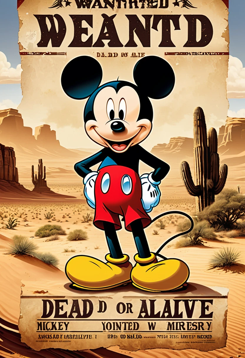 "Mickey Mouse is depicted on the wanted poster. The background is a desert wasteland and the paper is weathered. The words 'DEAD OR ALIVE' stand out, and Mickey Mouse has a rather serious expression."