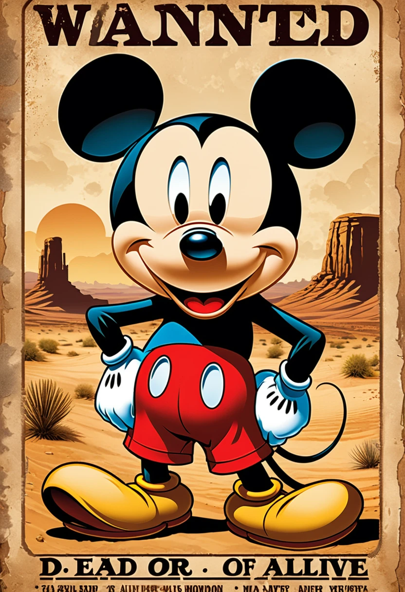 "Mickey Mouse is depicted on the wanted poster. The background is a desert wasteland and the paper is weathered. The words 'DEAD OR ALIVE' stand out, and Mickey Mouse has a rather serious expression."