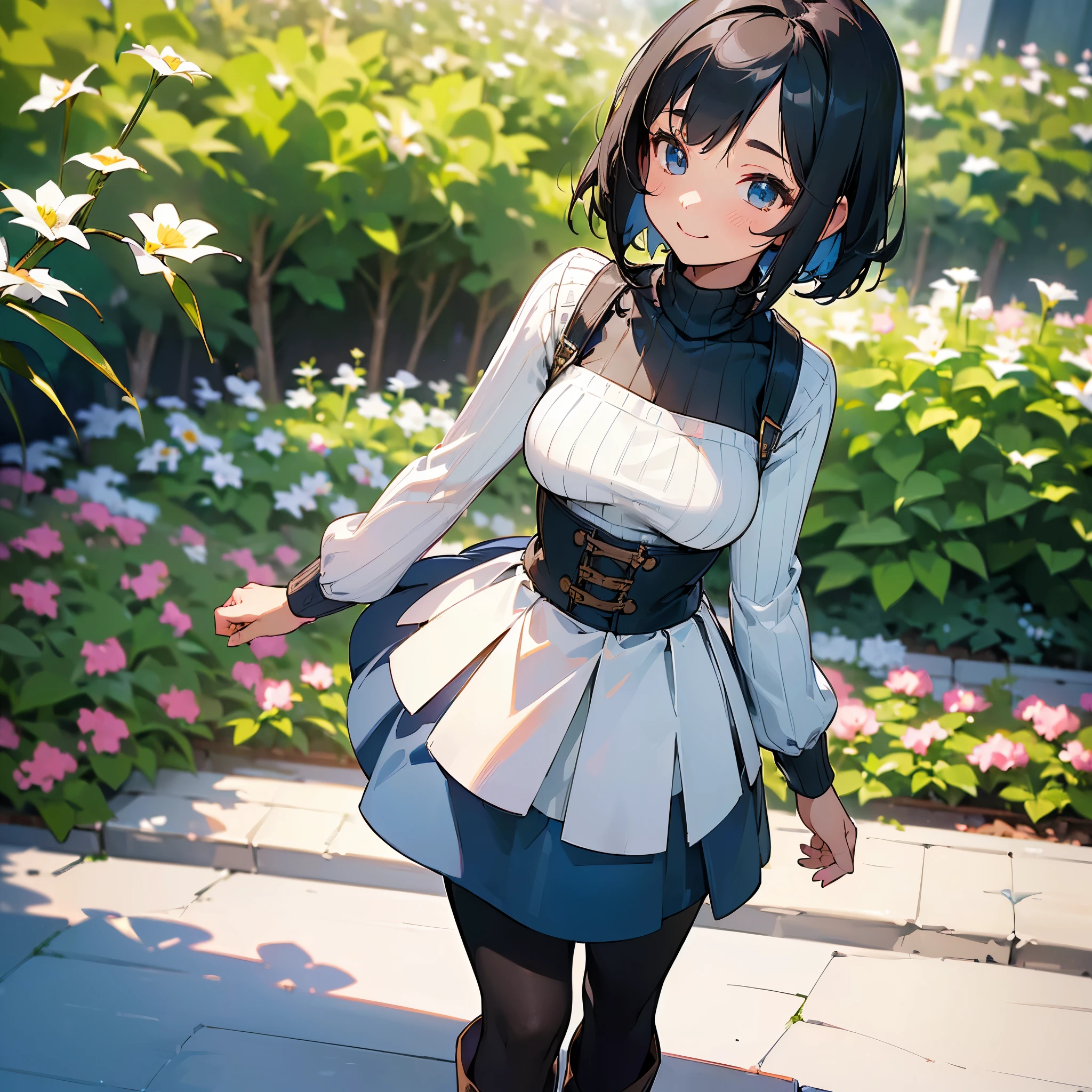 (high quality, High resolution, Very detailed, reality:1.37), Peaceful atmosphere, (Outdoor, garden), Teenage girl standing alone, (my breasts are big.), Beautiful details, Cute Smile, (Black bob hair), Ribbed sweater, Blue Skirt, Black tights, Brown boots.