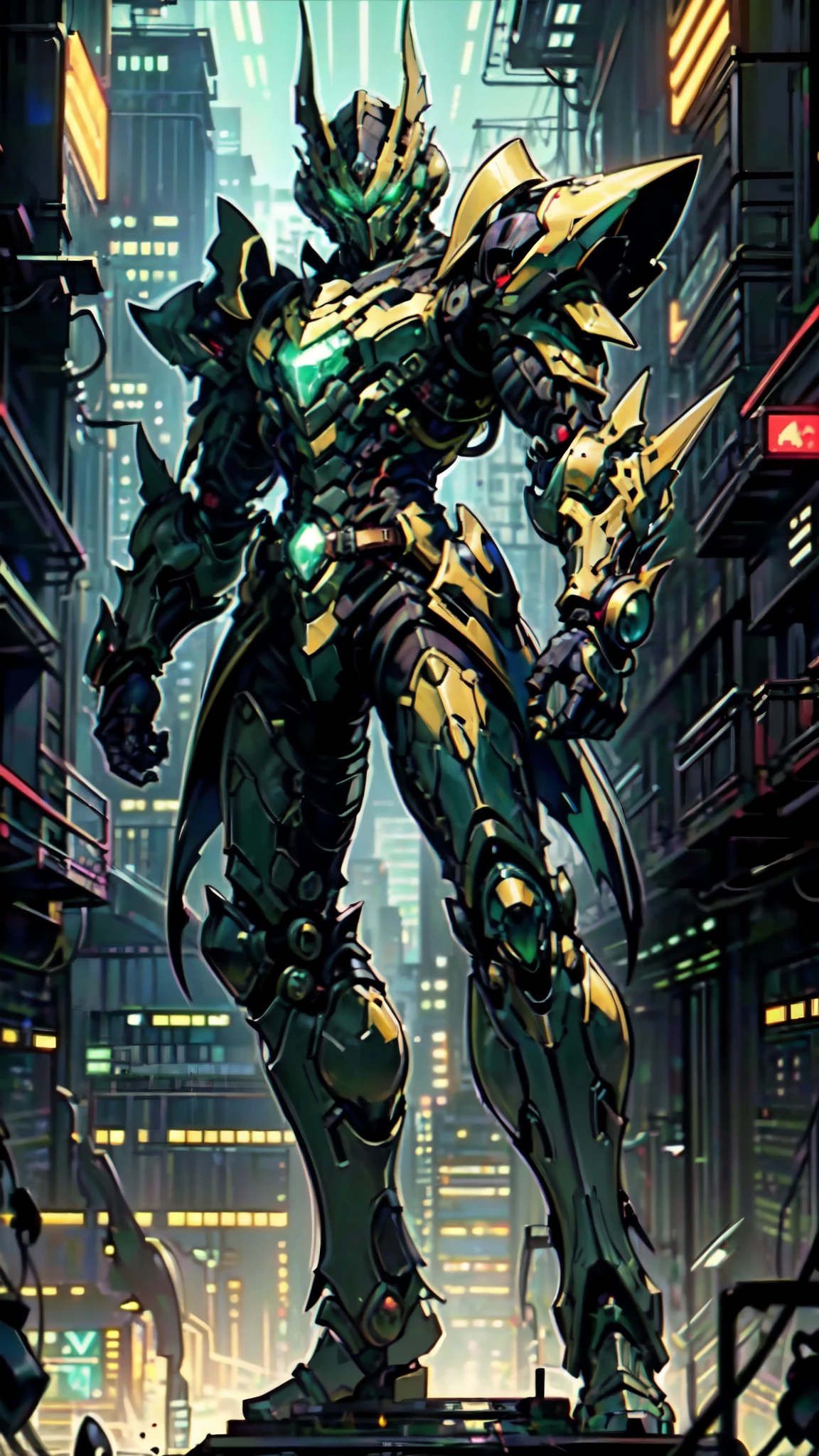 (masterpiece:1.5, best quality:1.5, extremely delicate:1.5, foreshortening:1.5, dynamic angle:1.5), a man wearing a full-face helmet, a fantasy-style biotech armored combat suit, green eyes, (a composite layered chest armor), fully enclosed shoulder guards, matching arm and leg guards, the belt is adorned with neon circuitry, (the color scheme is primarily black glow with green and red accents), the design balances heavy with agility, a high-tech bio-mecha armor, (Armor Concept Inspired by neon Cyberpunk, stand on the top of a skyscraper in a futuristic sci-fi city), this character embodies a finely crafted fantasy-surreal style armored hero in anime style, exquisite and mature manga art style, (element, plasma, energy, the armor glows), ((male:1.5)), metallic, high definition, highres, ultra-detailed, ultra-fine painting, professional, perfect body proportions, golden ratio, anatomically correct, symmetrical face, extremely detailed eyes and face, high quality eyes, creativity, RAW photo, UHD, 32k, Natural light, cinematic lighting, masterpiece-anatomy-perfect