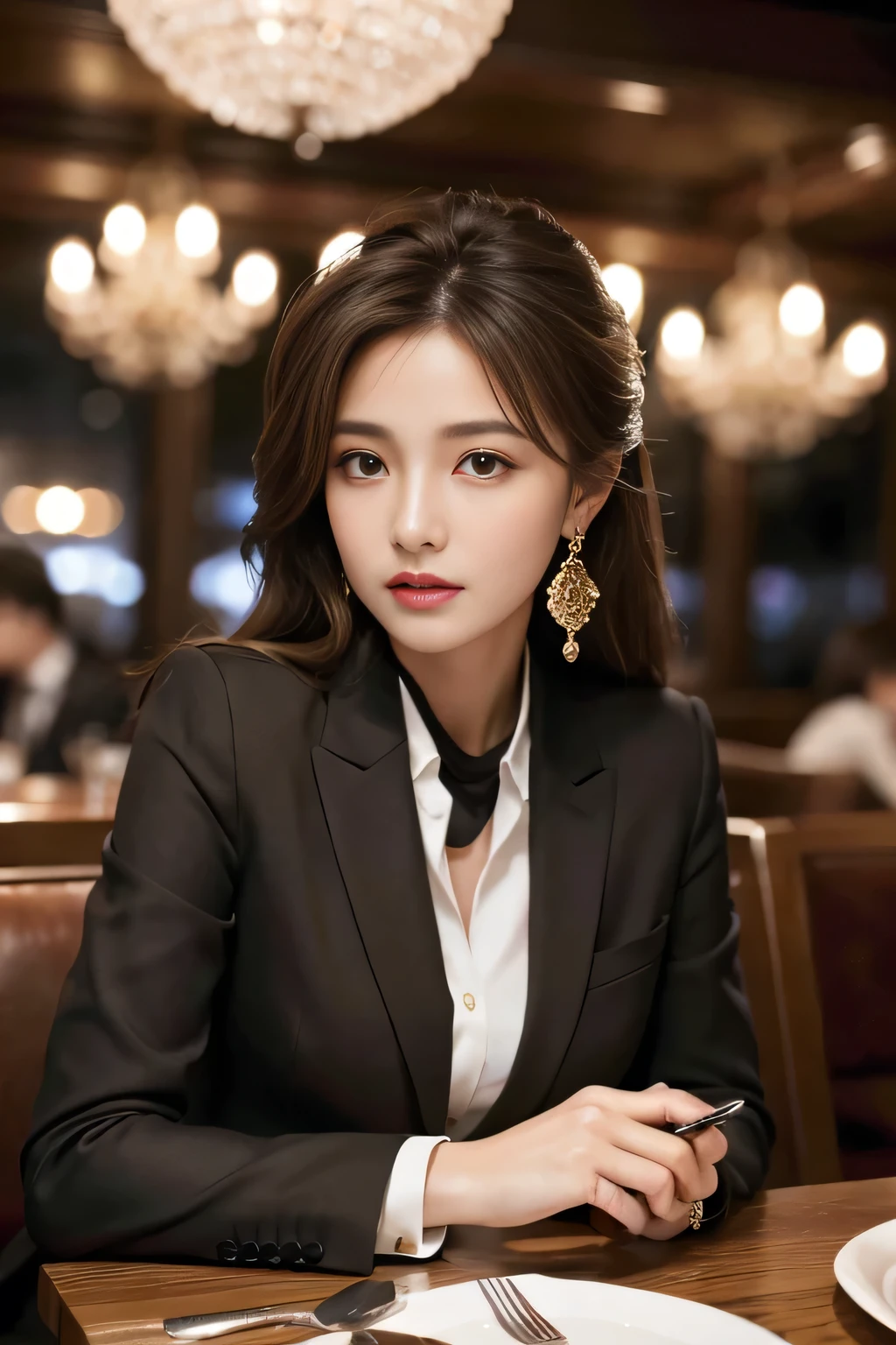masterpiece, Highest quality, Realistic, Very detailed, Finer details, High resolution, 8k wallpaper, One beautiful woman, Wear a nice suit, In a great restaurant, At night, Light brown messy hair, Perfect dynamic composition, Beautiful and beautiful eyes、Big earrings、Sit down、