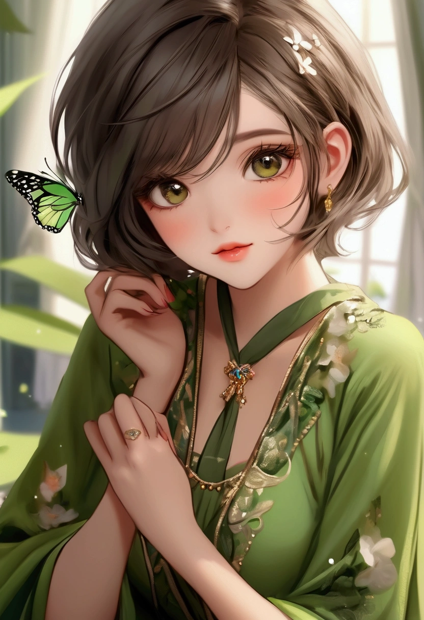 pretty girls,short hair,Exquisite face,Half body,Pure eyes,Butterfly,long eyelashes,Green clothes model:Sweet Girl 4