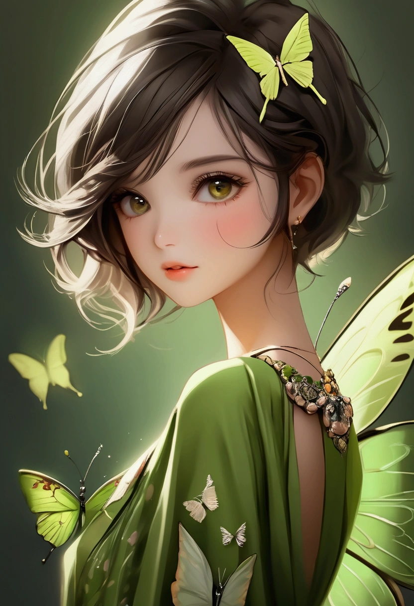 pretty girls,short hair,Exquisite face,Half body,Pure eyes,Butterfly,long eyelashes,Green clothes model:Sweet Girl 4