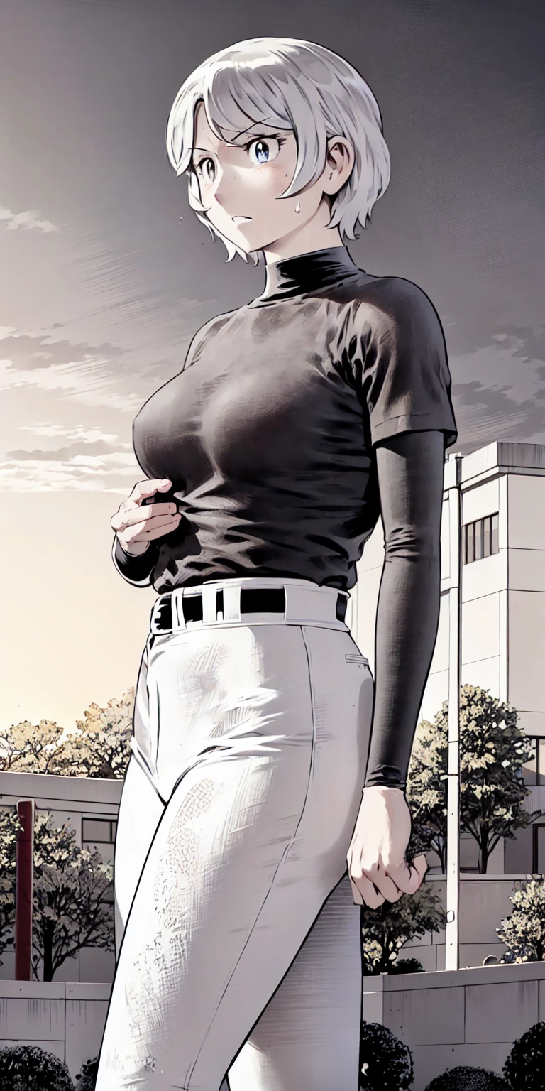 (野球uniform:1.2),
blonde, (short hair:1.2),Long sleeve, Black Shirt, turtleneck,White trousers、uniform、Black belt、((Illustration of a person))、big 、Muddy、Soil stains、ドロドロのuniform、
View your audience,, (Highest quality:1.3),One Girl, White pants、uniform、Outdoor、baseball ground、ground、soil、blue eyes、Tight black shirt、(masterpiece、Highest quality)、Highest quality, Ultra-high resolution, (((masterpiece))), alone, Sweat、big eyes、big Breasts、Torn clothes、 Fully exposed、Nipples、One Girl, Front view、Embarrassed face、Bronze colored hair、((short hair))、Stand up straight、Cowboy Shot
