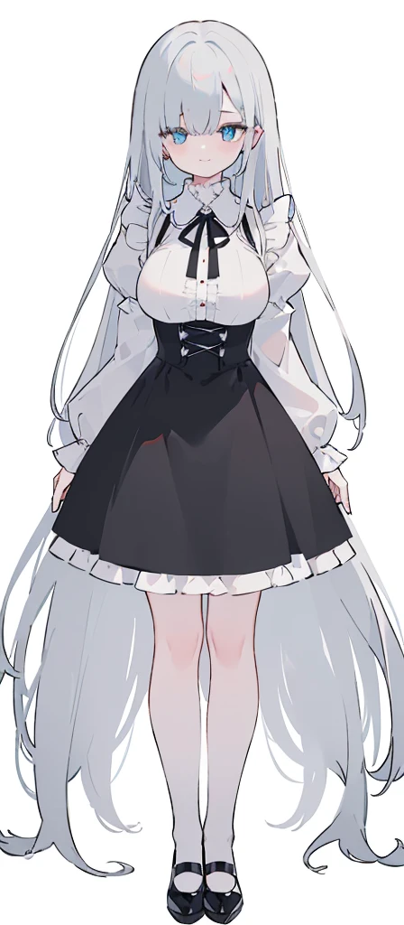(long beautiful red hair) cyan eyes, (Eyes behind long bangs) big breasts, Standing pose, hands behind the back, (using socks) perfect shiny beautiful cyan shoes (Wearing luxurious palace black maid clothes Perfect perfect noble) Pose facing sideways (Girl1, straight grey hair not too long, bangs covering one eye, soft face, gentle smile)red long hair, beautiful cyan eyes (Sitting pose, right hand down, left hand down, leaning pose, smile kawai, (blank white background) Wearing a black corset, (Using a beautiful bright blue ribbon) Kawai shy cute eyes (black colored shoes must be shiny, Must wear short white socks) Wrists must be completely bare without a single piece of cloth covering either side Wrists must be completely bare without a single piece of cloth covering either side Wrists must be completely bare without a single piece of cloth covering either side, The bangs cover the left eye of the toe perfectly, Long bangs cover the left eye, long black maid dress shirt sleeves, cold face, royal minister, Standing pose, Black skirt, shirt sleeves must be long black