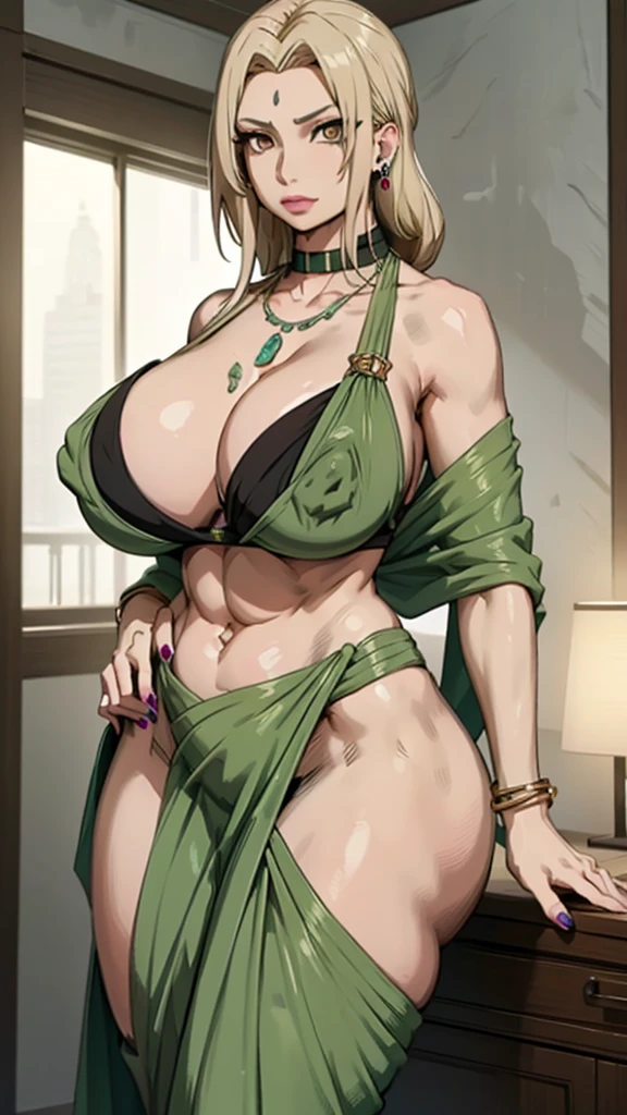 belly button blonde hair bracelet earrings erect nipples female green saree huge nipples hand on hip large breasts light-skinned female looking at viewer mature female midriff nails painted navel necklace saree sari standing, kunaboto style