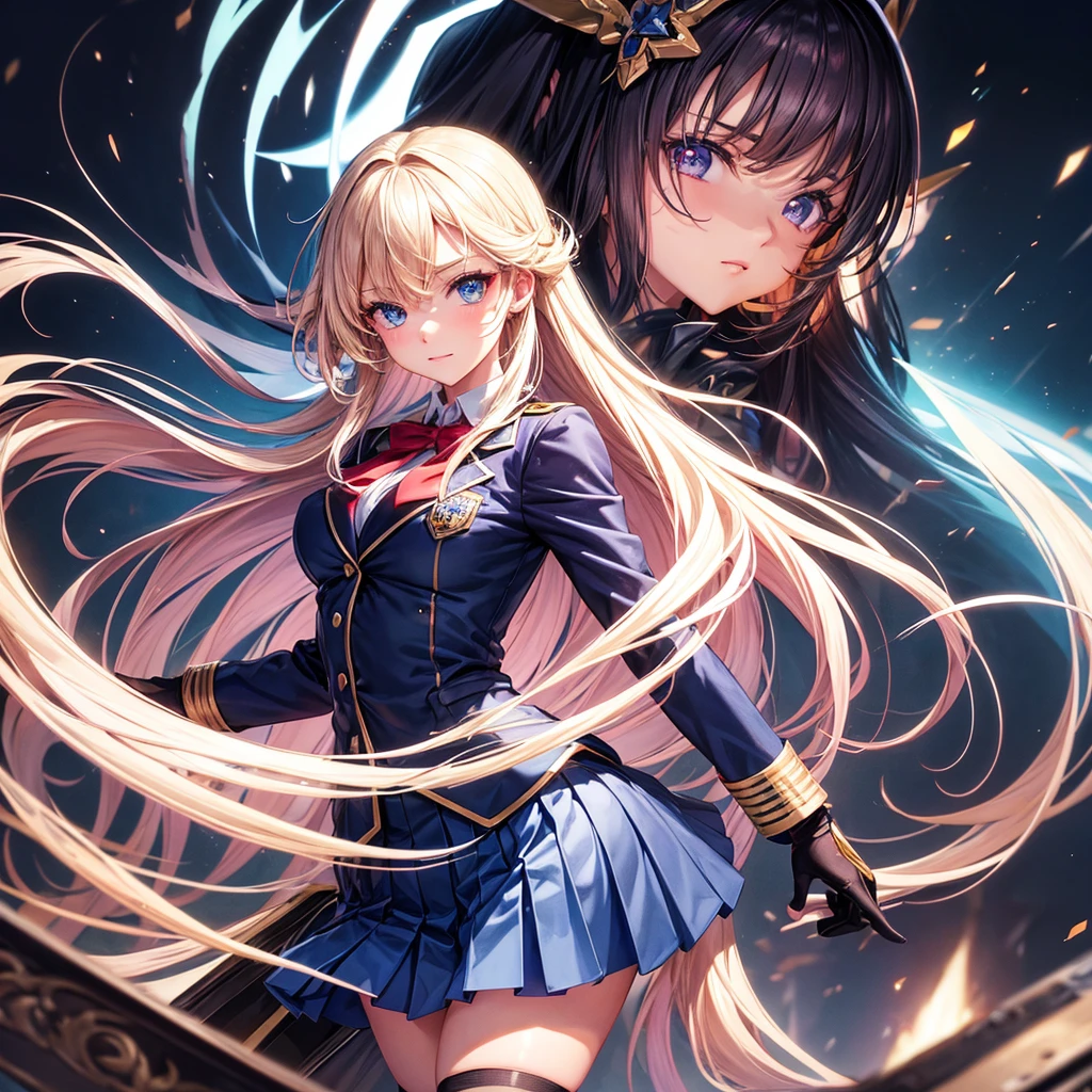 Best Quality,beautiful girl,Light novel,Superpowered girl,Beautiful girls,8K,Perfectly portrayed,High quality,masterpiece,Long Hair,Horny girl,Perfect Face,strongest,Cute uniform,blazer,mini skirt,tights,stylish,Academy,