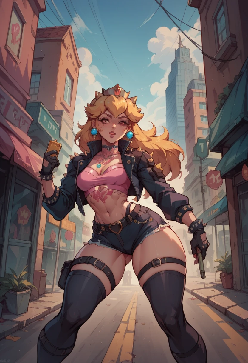 Imagine Princess Peach as a reveled female bounty hunter, with tattoos, in a crime neighborhood in a city and a cyber-punk era.