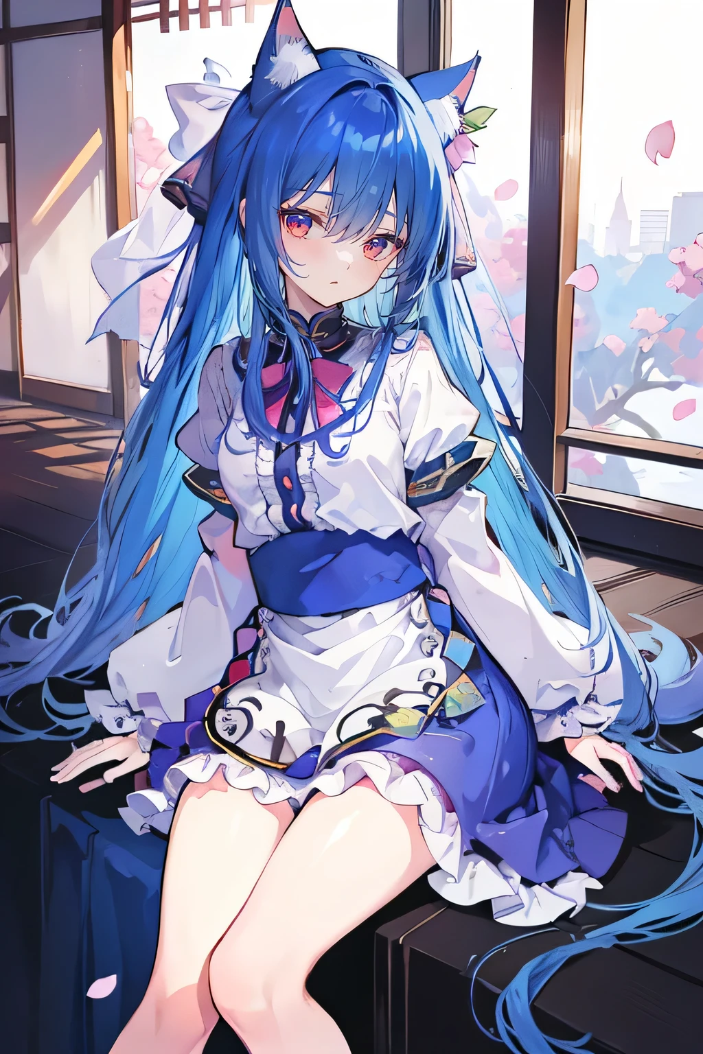 (masterpiece:1.2),Super detailed,lifelike,Expressive eyes,fair skin,perfect face shape,1 girl,
Japanese comics,Gorgeous blue hair,flowing blue hair,flowing clothes,Cat ears,Petals fall,beautiful lola,Baby Angel,
,Cross your legs,Gentle and peaceful background,The pavilion is cool and comfortable,