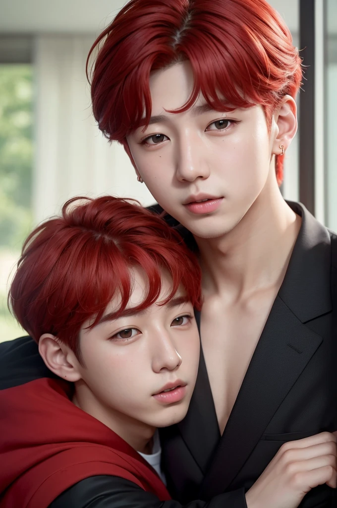 ((best quality)), ((masterpiece)), (detailed), perfect face
Namjoon from BTS hugging a BOY with RED hair, . The boy with his face hidden in BTS Namjoon's chest...