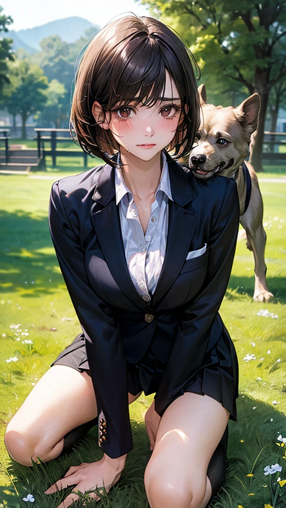 (masterpiece:1.2, top-quality), (realistic, photorealistic:1.4), beautiful illustration, (natural side lighting, movie lighting),
looking at viewer, cowboy shot, front view, 1 girl, japanese, high school girl, perfect face, cute and symmetrical face, shiny skin,
(short hair:1.2, bob cut:1.2, brown hair), swept bangs, dark brown eyes, long eye lasher, (large breasts:0.6, seductive thighs),
beautiful hair, beautiful face, beautiful detailed eyes, beautiful clavicle, beautiful body, beautiful chest, beautiful thigh, beautiful legs, beautiful fingers,
(((black blazer, close blazer), long sleeve white collared shirts, black pleated skirt, black socks)),
(beautiful scenery), A girl is on all fours in the grass in the meadow. She is carrying a large dog on her back and mating with it.
Her face is bright red and flushed, her brow is furrowed, and she looks like she is about to cry.
The skirt is very short.