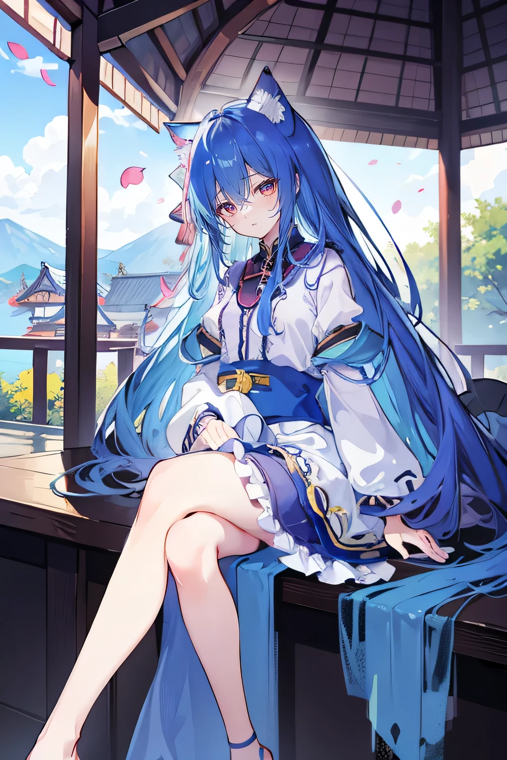 （masterpiece：1.2），Super detailed，lifelike，Expressive eyes，fair skin，perfect face shape，1 girl，
Japanese comics,Gorgeous blue hair,flowing blue hair,flowing clothes,Cat ears,Petals fall,beautiful lola,Baby Angel,
，Cross your legs，Gentle and peaceful background，The pavilion is cool and comfortable, 