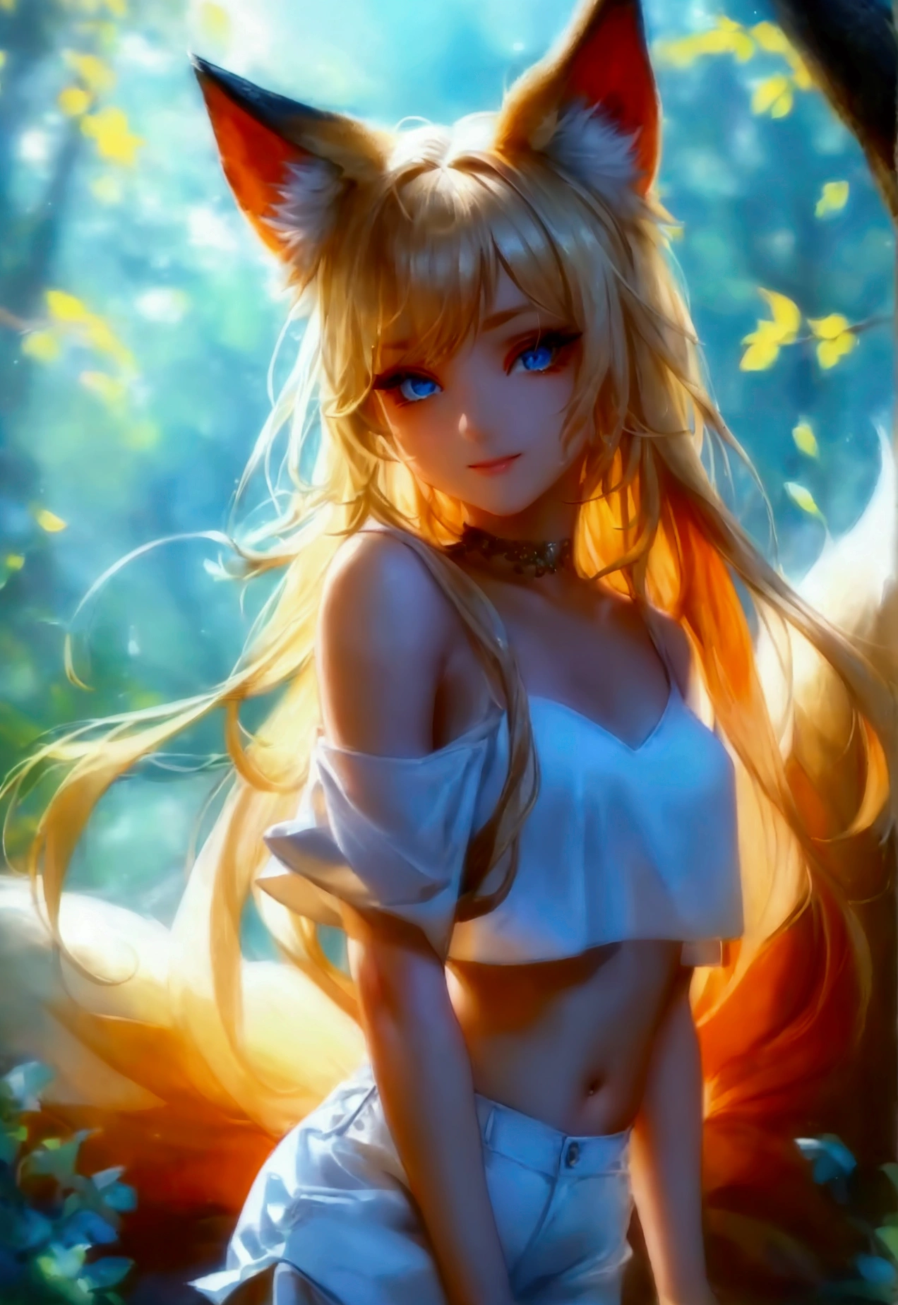 masterpiece, best quality, official art, extremely detailed 8k wallpaper, highly detailed, absurdres, (Bright background, day), Picturesque scenery of a bright forest, exquisite facial features, Fox ears, blue eyes, Perfect fingers, perfect face, (sharp eyeliner, eyeshadow, detailed eyes:1.1), [Long Blonde hair], Small , Perfect skin, shiny skin, female, solo, light smile, [White crop top, White Shorts, White high heels]
