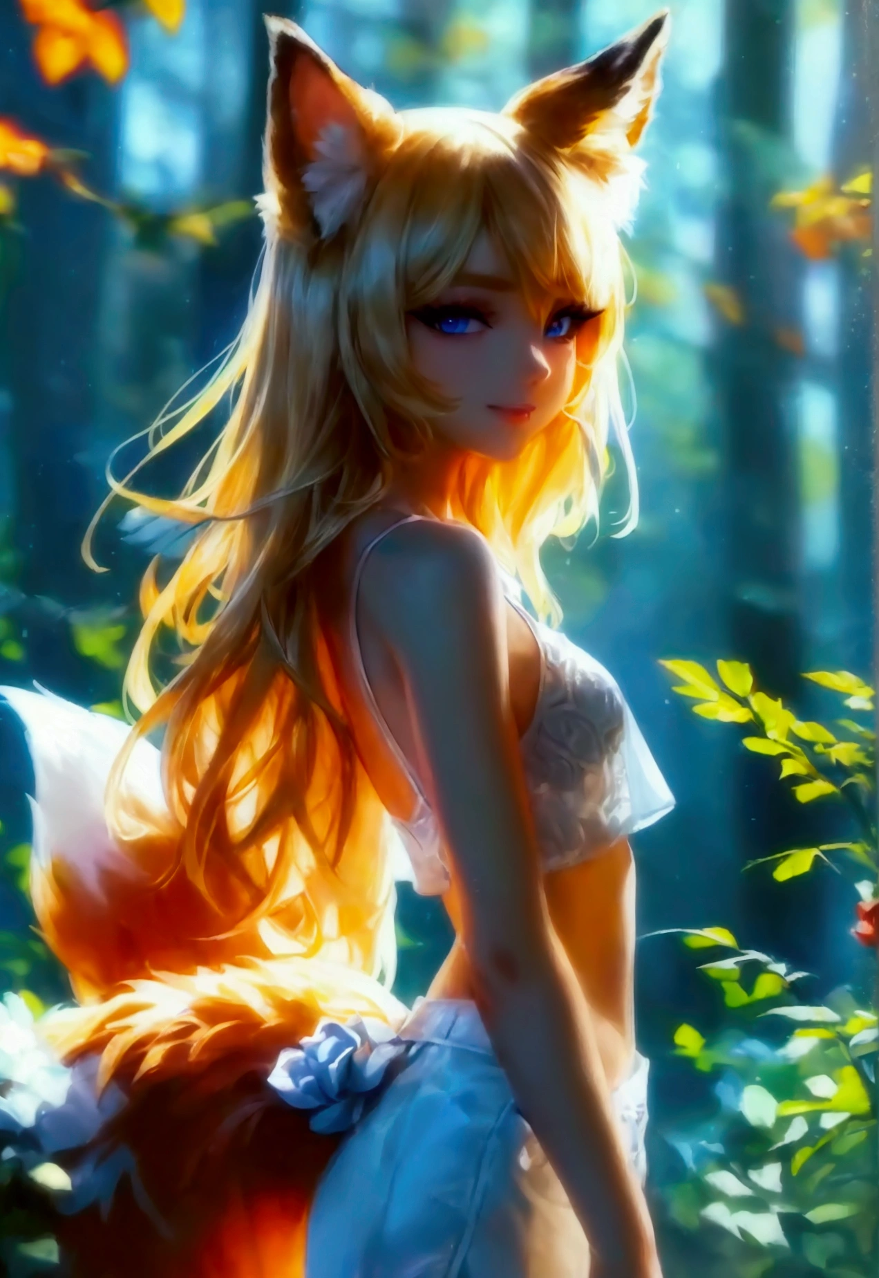 masterpiece, best quality, official art, extremely detailed 8k wallpaper, highly detailed, absurdres, (Bright background, day), Picturesque scenery of a bright forest, exquisite facial features, Fox ears, blue eyes, Perfect fingers, perfect face, (sharp eyeliner, eyeshadow, detailed eyes:1.1), [Long Blonde hair], Small breasts, Perfect skin, shiny skin, female, solo, light smile, [White crop top, White Shorts, White high heels]
