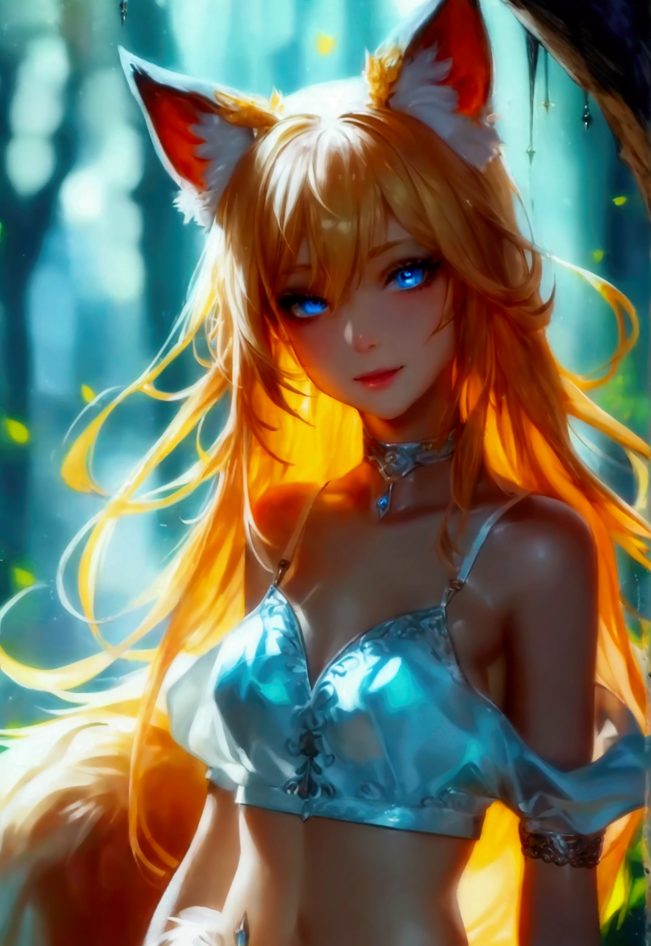 masterpiece, best quality, official art, extremely detailed 8k wallpaper, highly detailed, absurdres, (Bright background, day), Picturesque scenery of a bright forest, exquisite facial features, Fox ears, blue eyes, Perfect fingers, perfect face, (sharp eyeliner, eyeshadow, detailed eyes:1.1), [Long Blonde hair], Small breasts, Perfect skin, shiny skin, female, solo, light smile, [White crop top, White Shorts, White high heels]
