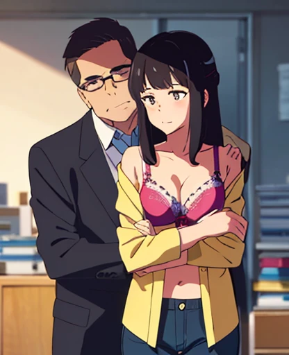 shinkai makoto, kimi no na wa., 1middle age man, wrinkle face, black hair,bangs swept to the right side, office suit, middle aged man caressing girl's body, kiss cheeks, passionate hug, boy is hugging from behind, chestgrope from behind, middle aged man is touchig girl's chest, hold chest, 1girl, bangs, black hair, brown eyes, Twisted Half Up Hair, red ribbon, long hair, yellow collared shirt, open shirt, off shoulders,unbuttoned shirt, pink bra, cleavage, breast, medium breast, blue pants, storage room, indoors, masterpiece, perfect anatomy, cowboyshot