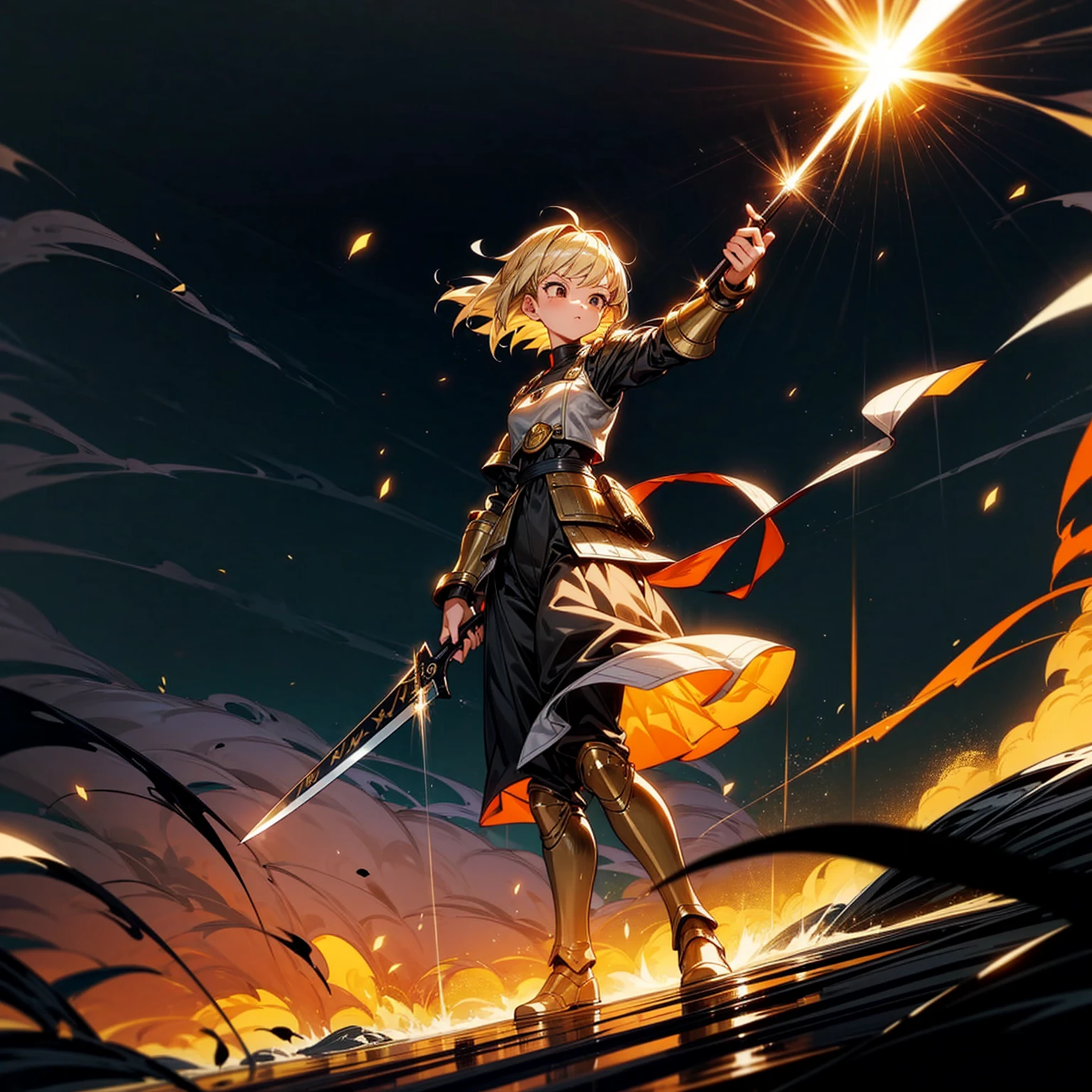 1girl, Full body version, 1character, girl version, black eyes color, bob Curly haircut, blonde colour hair, army style clothing, long skirt, long boots, iron armor, gold knife in hand, Grassroots, background in beach, motion blur, (dragon ball style art), standing gesture, (high angle view) , aura effect, lighting aura, smoke effect, lighting sun, sun, plasma effect, smoke effect, fire, lighting knife 