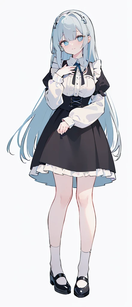 (long beautiful red hair) cyan eyes, (Eyes behind long bangs) big breasts, Standing pose, hands behind the back,  (using socks) perfect shiny beautiful cyan shoes (Wearing luxurious palace black maid clothes Perfect perfect noble)  Pose facing sideways (Girl1, straight grey hair not too long, bangs covering one eye, soft face, gentle smile)red long hair, beautiful cyan eyes (Sitting pose, right hand down, left hand down, leaning pose,  smile kawai, (blank white background) Wearing a black corset, (Using a beautiful bright blue ribbon) Kawai shy cute eyes (black colored shoes must be shiny, Must wear short white socks) Wrists must be completely bare without a single piece of cloth covering either side Wrists must be completely bare without a single piece of cloth covering either side Wrists must be completely bare without a single piece of cloth covering either side, The bangs cover the left eye of the toe perfectly, Long bangs cover the left eye, long black maid dress shirt sleeves, cold face, royal minister, Standing pose, Black skirt, shirt sleeves must be long black, Long leg
