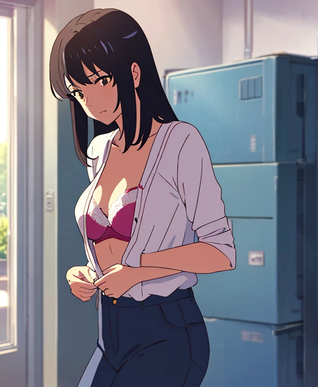 shinkai makoto, kimi no na wa., 1middle age man, wrinkle face, black hair,bangs swept to the right side, office suit, middle aged man caressing girl's body, kiss cheeks, passionate hug, boy is hugging from behind, chestgrope from behind, middle aged man is touchig girl's chest, hold chest, 1girl, bangs, black hair, brown eyes, Twisted Half Up Hair, red ribbon, long hair, yellow collared shirt, open shirt, off shoulders,unbuttoned shirt, pink bra, cleavage, breast, medium breast, blue pants, storage room, indoors, masterpiece, perfect anatomy, cowboyshot