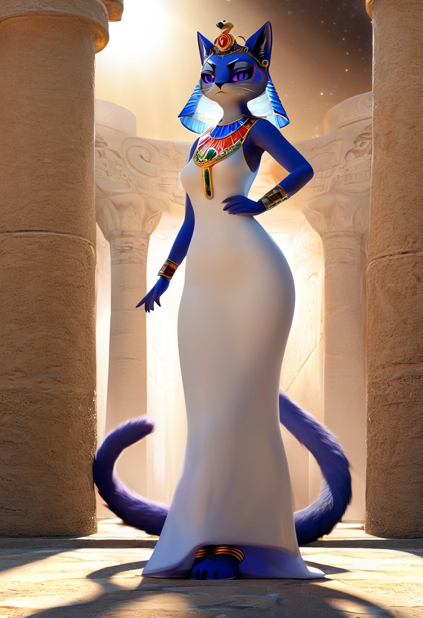 ((masterpiece)), ((Personal portrait)), ((whole body)), ((Front view)), ((Feet visible)), ((hairy; anthropology)), ((细致的fur)), ((Detailed shadows)), ((Beautiful rendering art)), ((light)), {anthropology cat; fur, Black Nose, (Lovely glowing indigo eyes), (Indigo Eyeshadow), (Egyptian eye makeup), Cat ears, frown, (Poker face), Long cat tail, (Beautiful legs), (Beautiful paws), (Black Claw), (Beautiful buttocks)}, {(tight white dress), small , (Colorful necklace), (Serpentine headdress), (Blue bracers), (gold anklet)}, {(walk), (Hands on Hips), (Looking at the audience)}, [background; (Sandstone walls), (club), (torch), (Starry Sky), (Sun rays)]3D Disney Style