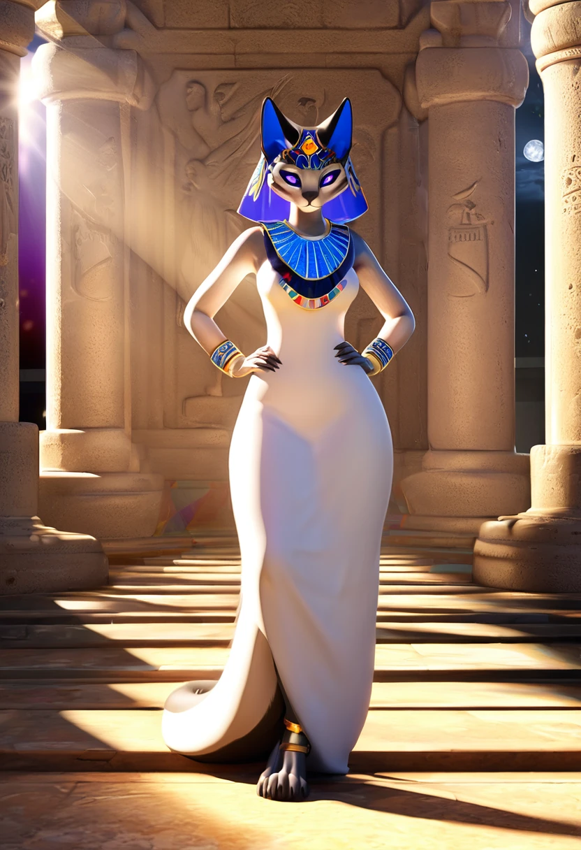 ((masterpiece)), ((Personal portrait)), ((whole body)), ((Front view)), ((Feet visible)), ((hairy; anthropology)), ((细致的fur)), ((Detailed shadows)), ((Beautiful rendering art)), ((light)), {anthropology cat; fur, Black Nose, (Lovely glowing indigo eyes), (Indigo Eyeshadow), (Egyptian eye makeup), Cat ears, frown, (Poker face), Long cat tail, (Beautiful legs), (Beautiful paws), (Black Claw), (Beautiful buttocks)}, {(tight white dress), small , (Colorful necklace), (Serpentine headdress), (Blue bracers), (gold anklet)}, {(walk), (Hands on Hips), (Looking at the audience)}, [background; (Sandstone walls), (club), (torch), (Starry Sky), (Sun rays)]3D Disney Style