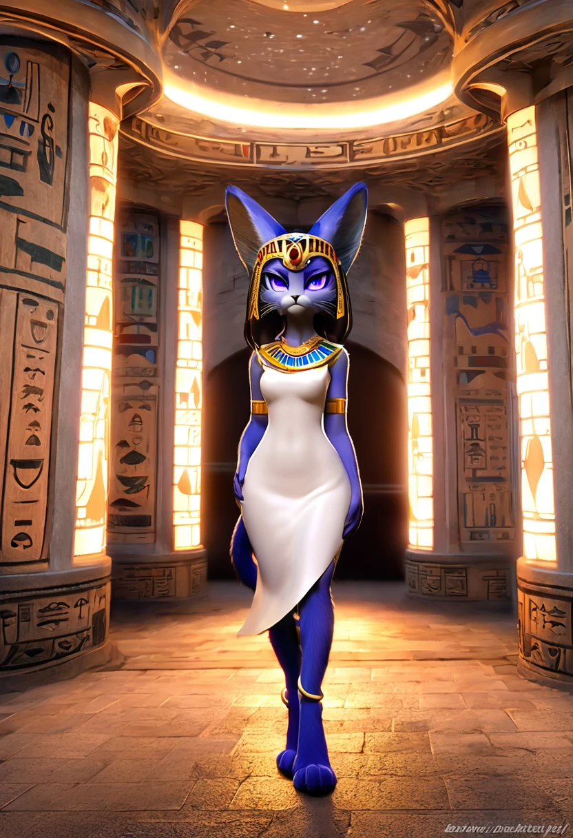 ((masterpiece)), ((Personal portrait)), ((whole body)), ((Front view)), ((Feet visible)), ((hairy; anthropology)), ((细致的fur)), ((Detailed shadows)), ((Beautiful rendering art)), ((light)), {anthropology cat; fur, Black Nose, (Lovely glowing indigo eyes), (Indigo Eyeshadow), (Egyptian eye makeup), Cat ears, frown, (Poker face), Long cat tail, (Beautiful legs), (Beautiful paws), (Black Claw), (Beautiful buttocks)}, {(tight white dress), small , (Colorful necklace), (Serpentine headdress), (Blue bracers), (gold anklet)}, {(walk), (Hands on Hips), (Looking at the audience)}, [background; (Sandstone walls), (club), (torch), (Starry Sky), (Sun rays)]3D Disney Style