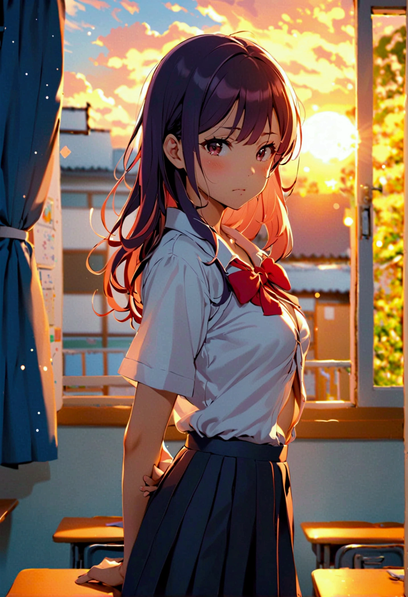 Ayumi Yoshida, elementary student, kawaii, cute, small and short, angry expression, standing in a classroom, visible vagina, exhausted. Open shirt, open clothes, visible chest and breast, small breast, visible navel. Evening sun.