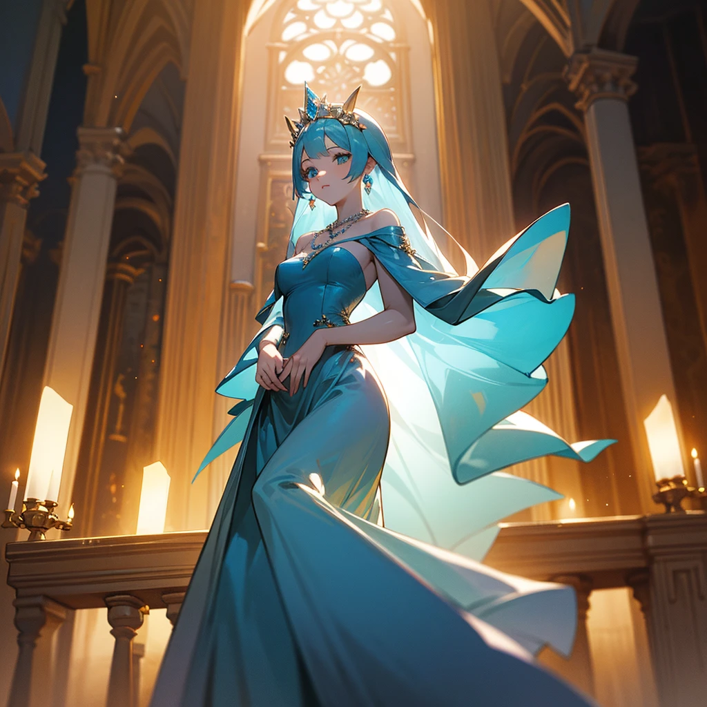 high resolution、A mature and elegant princess。The princess is the princess of the kingdom of Aquamarine.、tiara with aquamarine、Gorgeous aquamarine necklace、She wears a richly decorated light blue dress.。like medieval europe、Fantasy。The overall image is light blue.。