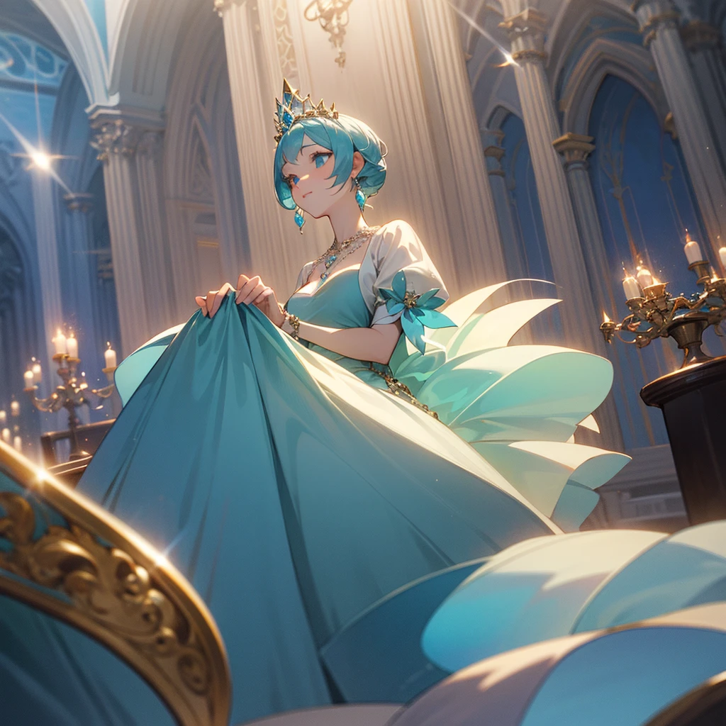 high resolution、A mature and elegant princess。The princess is the princess of the kingdom of Aquamarine.、tiara with aquamarine、Gorgeous aquamarine necklace、She wears a richly decorated light blue dress.。like medieval europe、Fantasy。The overall image is light blue.。