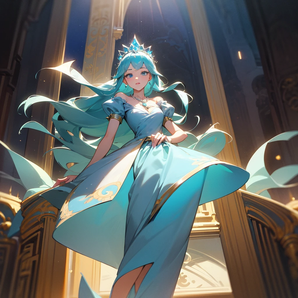 high resolution、A mature and elegant princess。The princess is the princess of the kingdom of Aquamarine.、tiara with aquamarine、Gorgeous aquamarine necklace、She wears a richly decorated light blue dress.。like medieval europe、Fantasy。The overall image is light blue.。